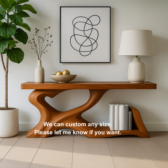 Handcrafted Solid Wood Sculptural Console Table – Organic Flow Design with Built-In Book Storage