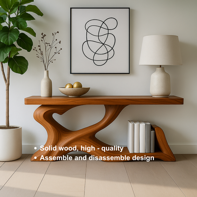 Handcrafted Solid Wood Sculptural Console Table – Organic Flow Design with Built-In Book Storage