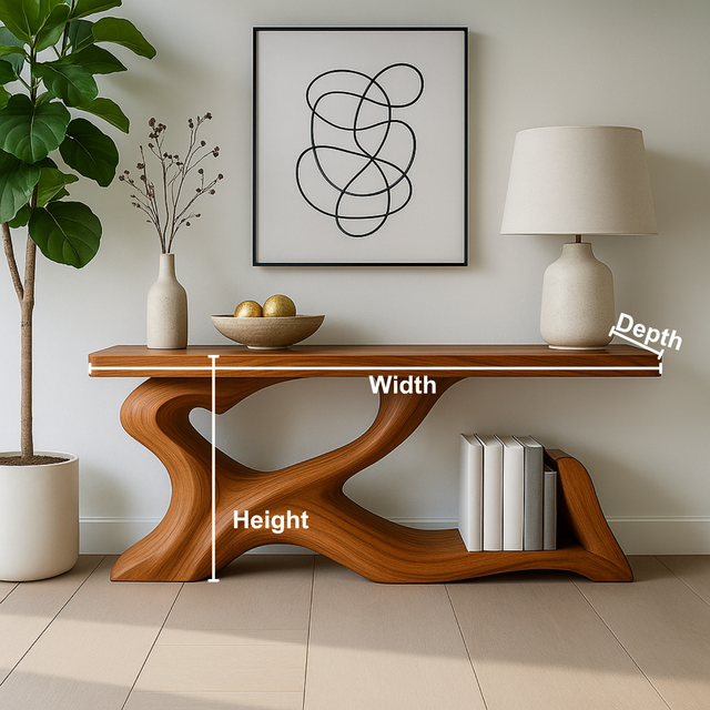 Handcrafted Solid Wood Sculptural Console Table – Organic Flow Design with Built-In Book Storage