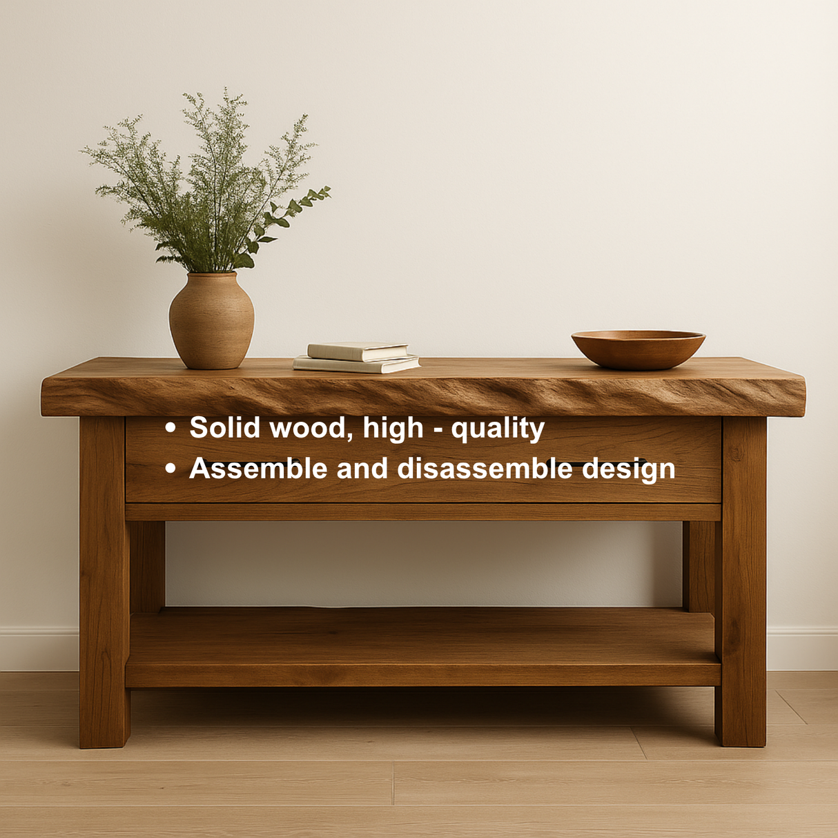 Handcrafted Solid Wood Console Table – Rustic Textured Edge Design with Natural Grain and Minimalist Form