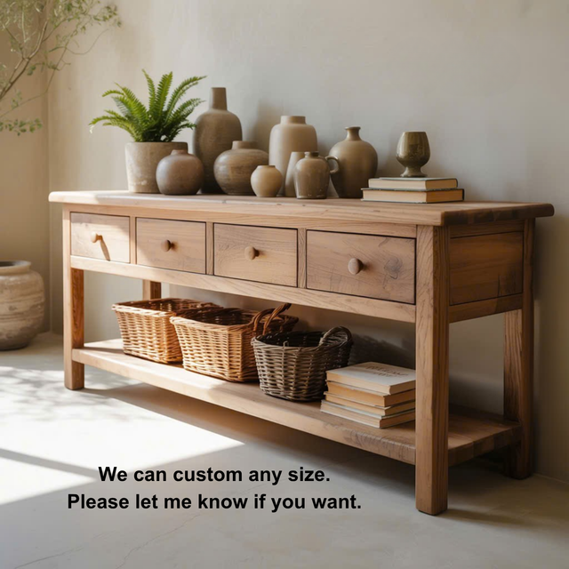 Handcrafted Solid Wood Console Table – Rustic Natural Finish with Drawers & Open Shelf