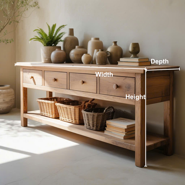Handcrafted Solid Wood Console Table – Rustic Natural Finish with Drawers & Open Shelf