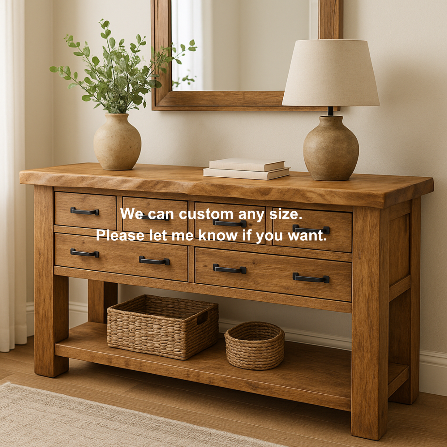 Handcrafted Solid Wood Console Table – Rustic Farmhouse Design with 6 Drawers & Open Shelf