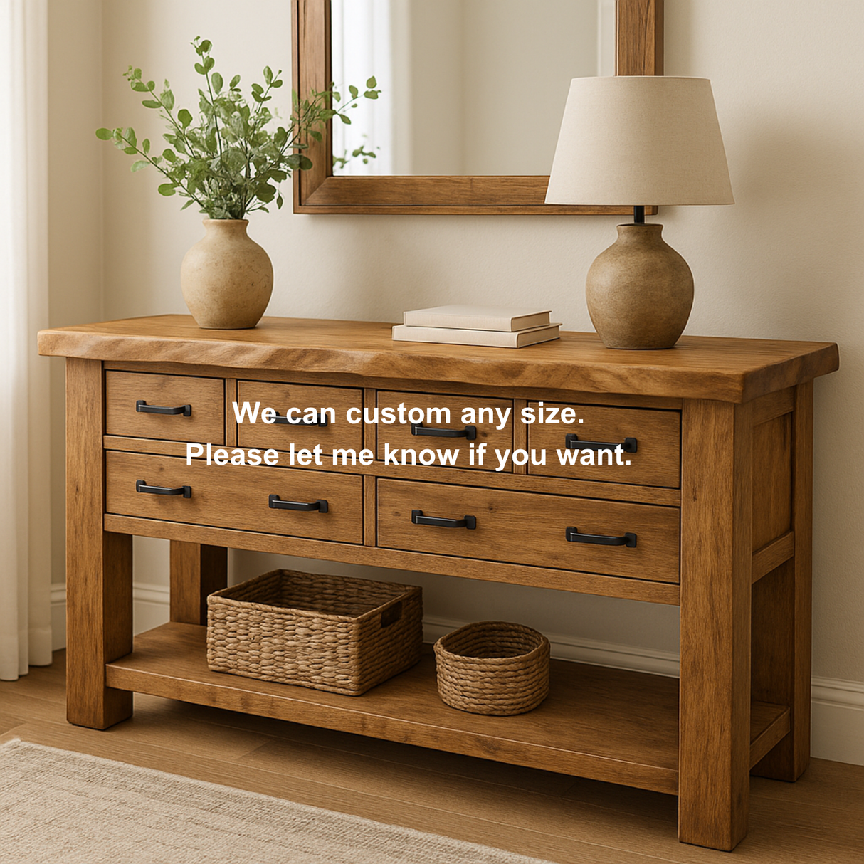 Handcrafted Solid Wood Console Table – Rustic Farmhouse Design with 6 Drawers & Open Shelf