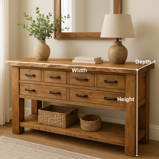 Handcrafted Solid Wood Console Table – Rustic Farmhouse Design with 6 Drawers & Open Shelf