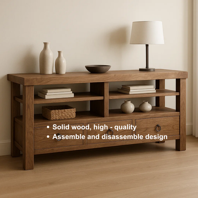 Handcrafted Solid Wood Console Table – Rustic Open Shelf Design with Drawers and Natural Finish