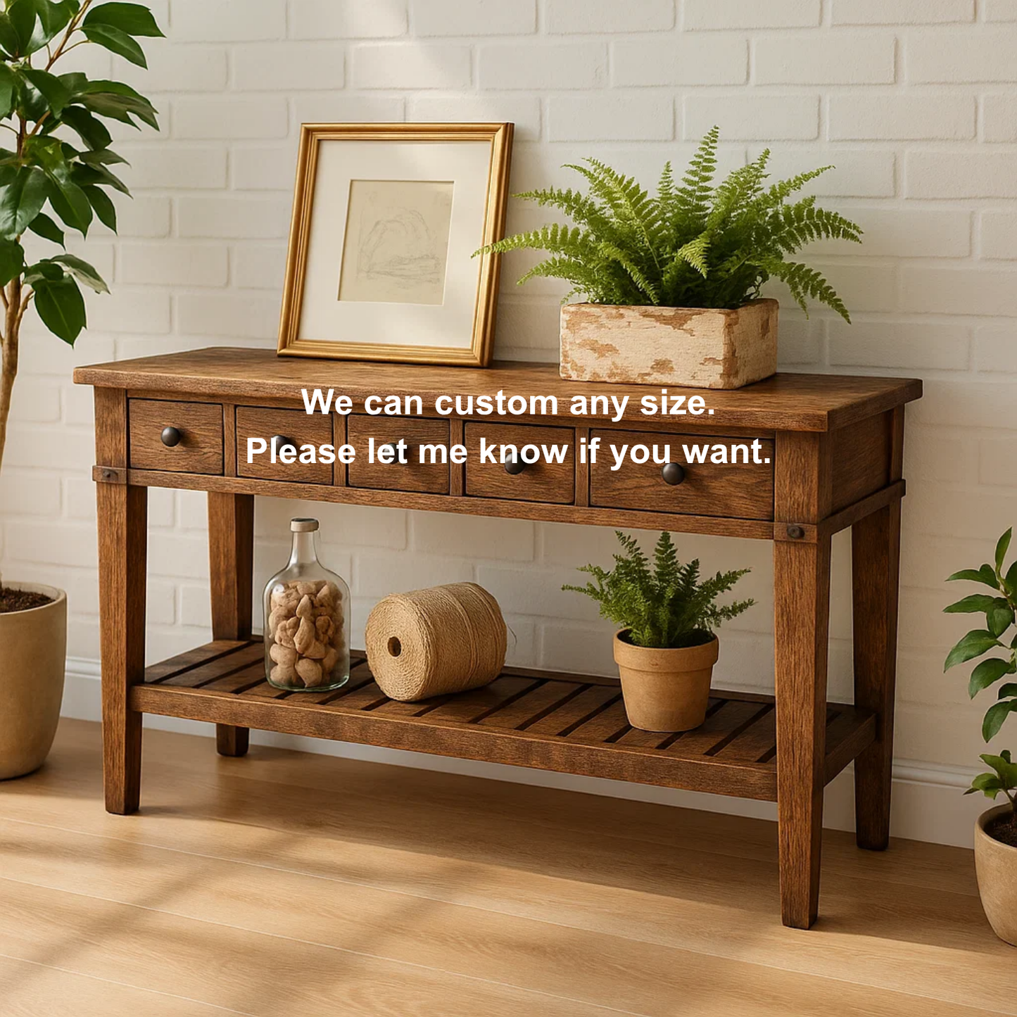 Handcrafted Solid Wood Console Table – Rustic Farmhouse Entryway Table with Drawers and Shelf