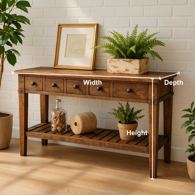 Handcrafted Solid Wood Console Table – Rustic Farmhouse Entryway Table with Drawers and Shelf