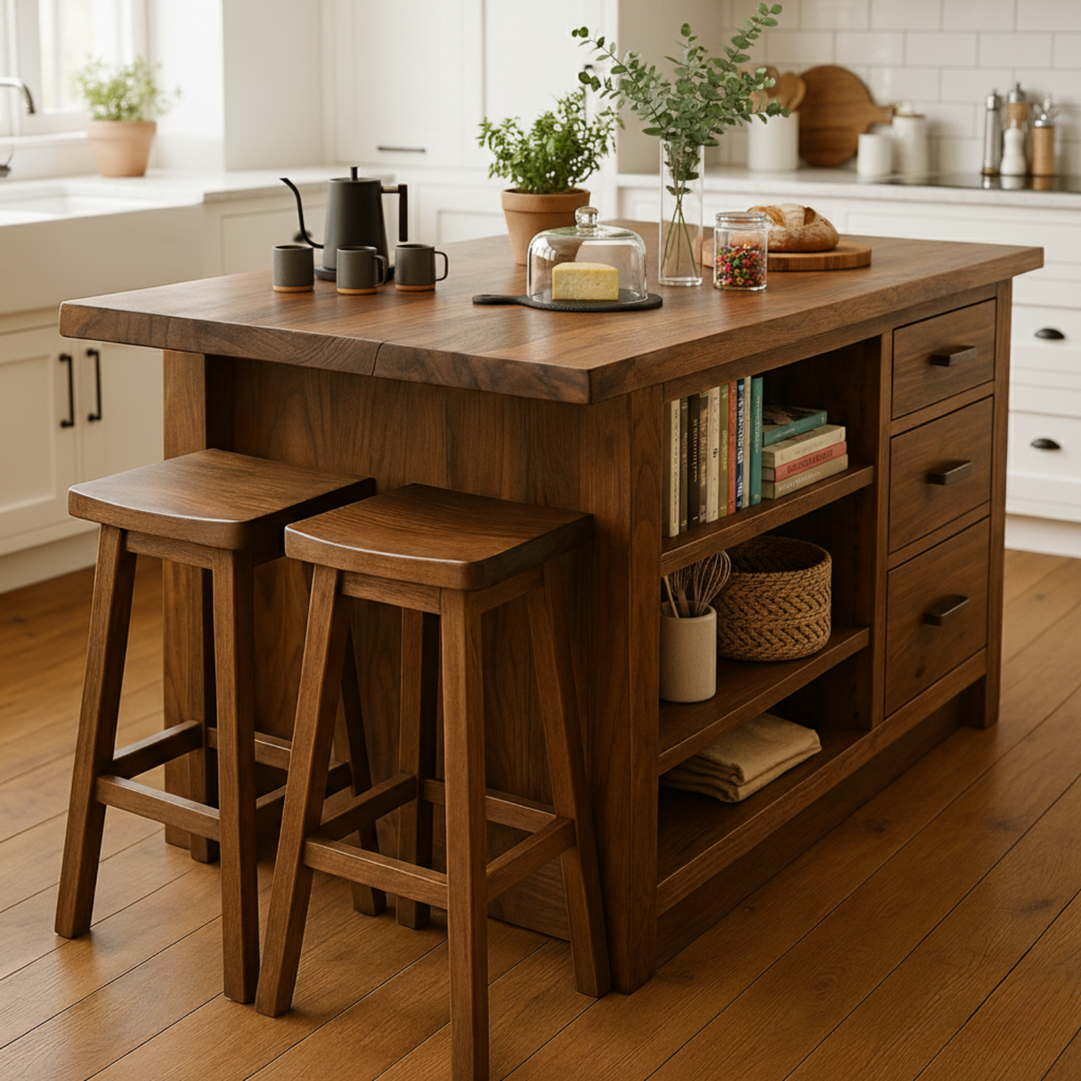 Handcrafted Solid Wood Kitchen Island – Rustic Modern Design with Storage Shelves
