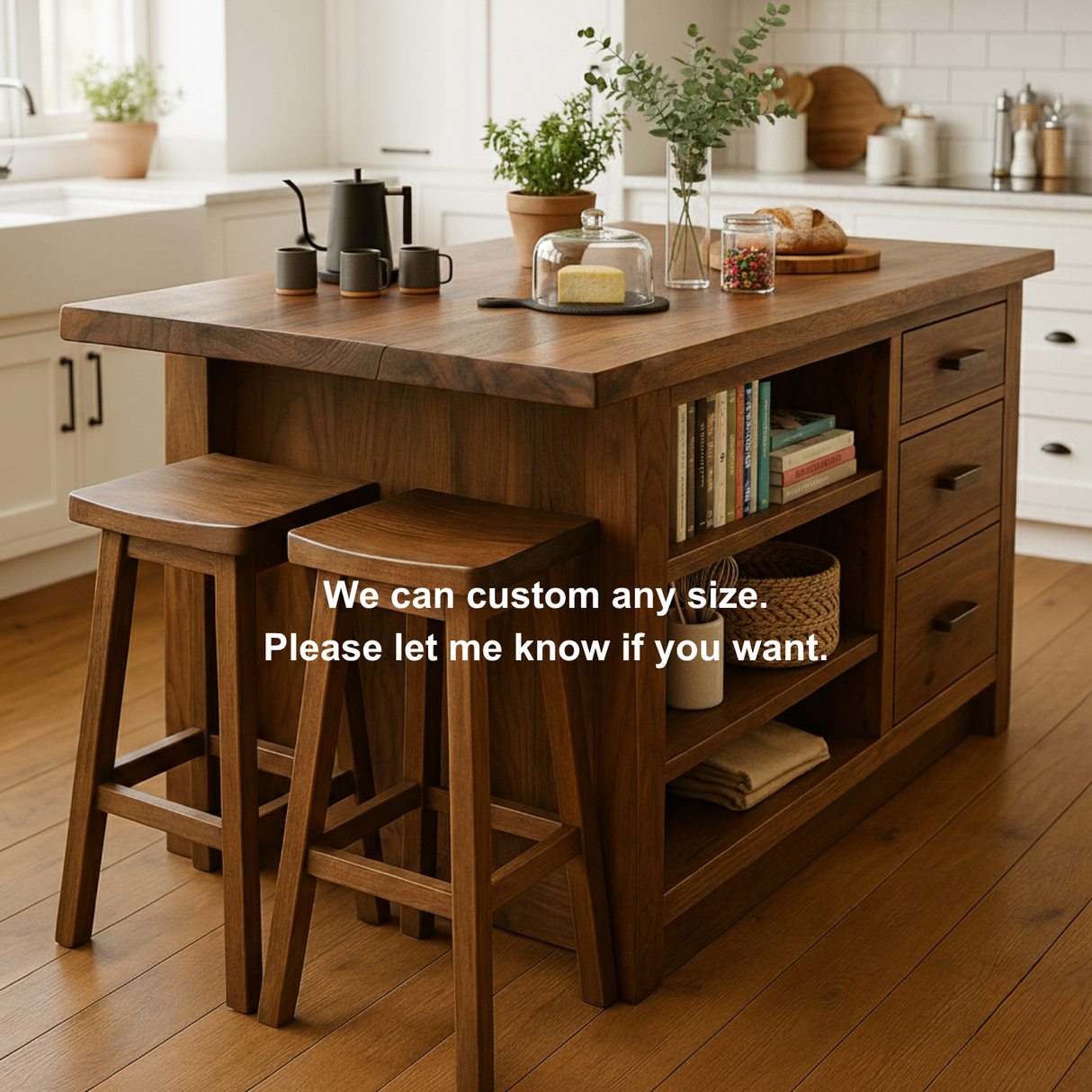 Handcrafted Solid Wood Kitchen Island – Rustic Modern Design with Storage Shelves