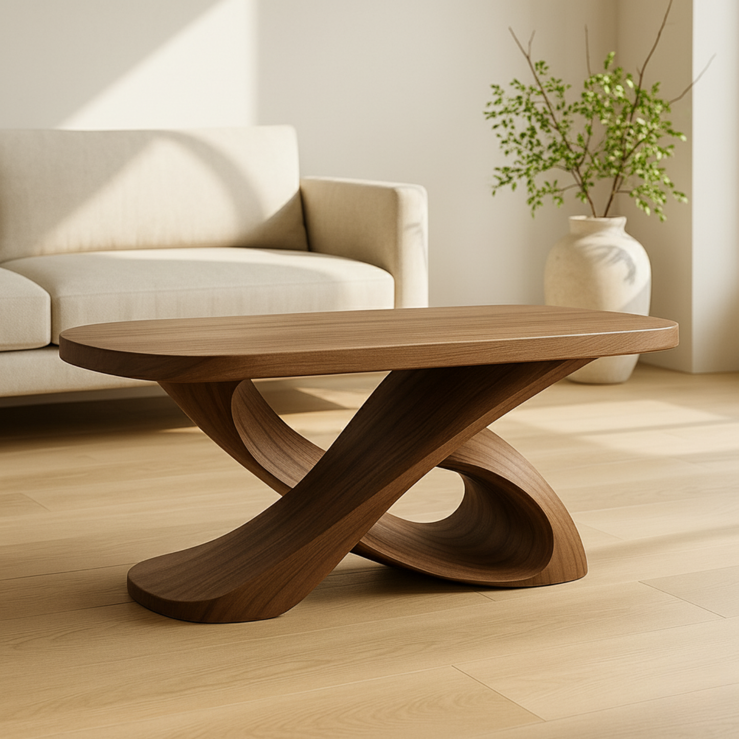 Handcrafted Sculptural Solid Wood Coffee Table – Twisted Cross Base for Modern Organic Interiors