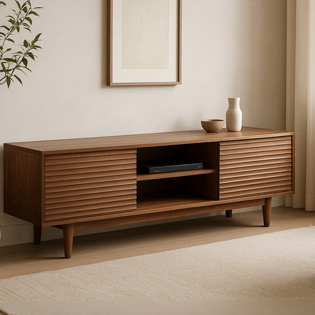 Handcrafted Solid Wood TV Stand – Modern Ribbed Door Media Console for Living Room
