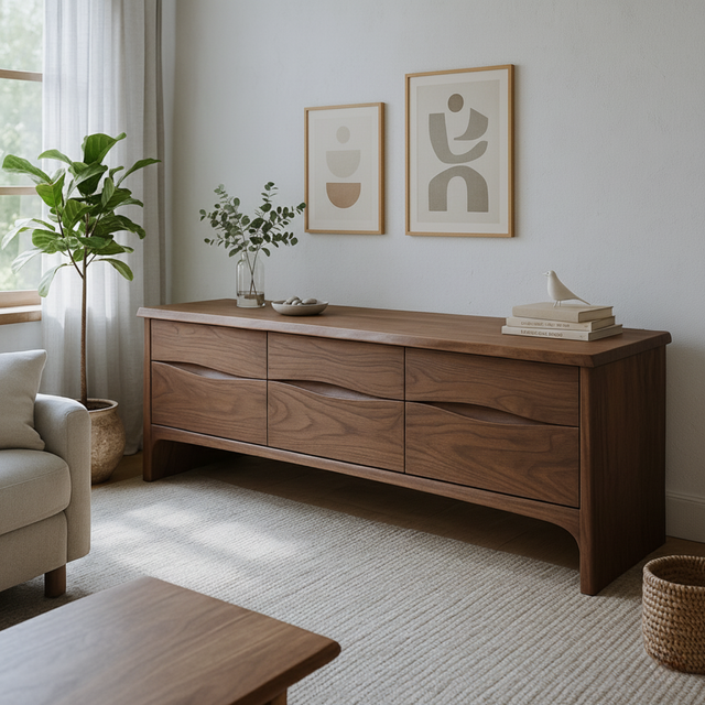 Handcrafted Solid Wood Wave Drawer Sideboard – Modern Organic TV Stand