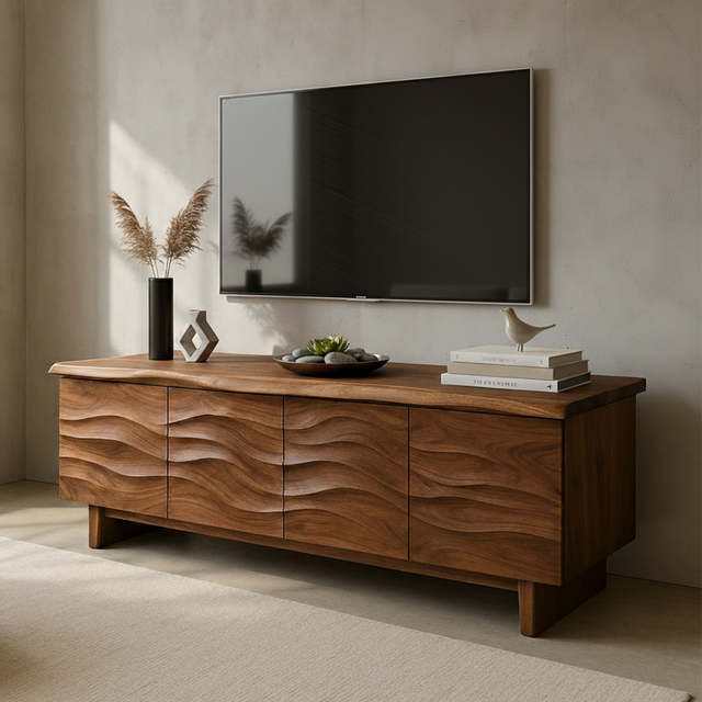 Handcrafted Solid Wood Wavefront TV Stand – Organic Modern Sculptural Console