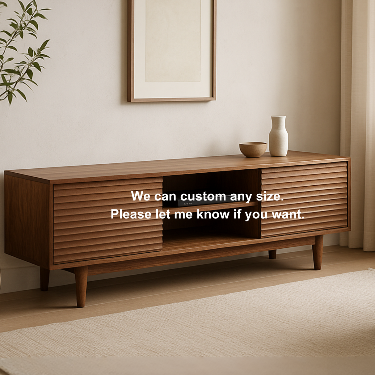 Handcrafted Solid Wood TV Stand – Modern Ribbed Door Media Console for Living Room