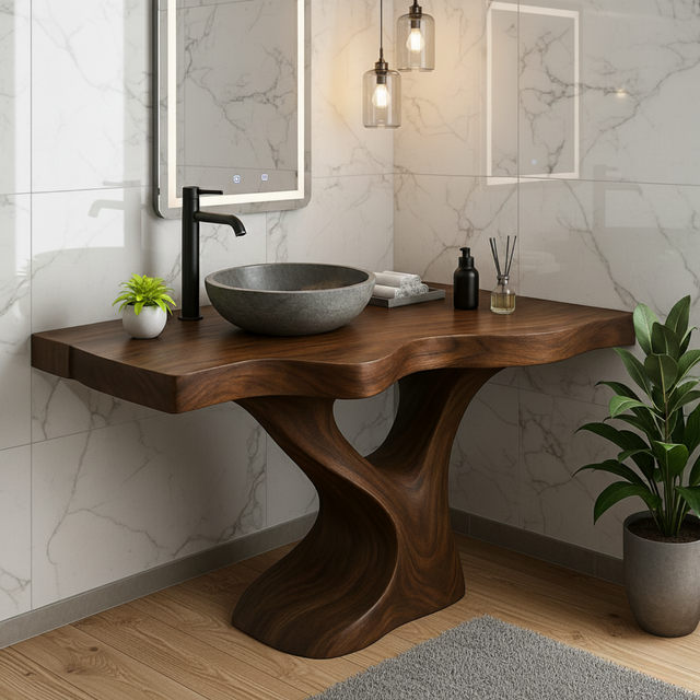 Handcrafted Solid Wood Bathroom Vanity – Modern Organic Sculptural Twist Design