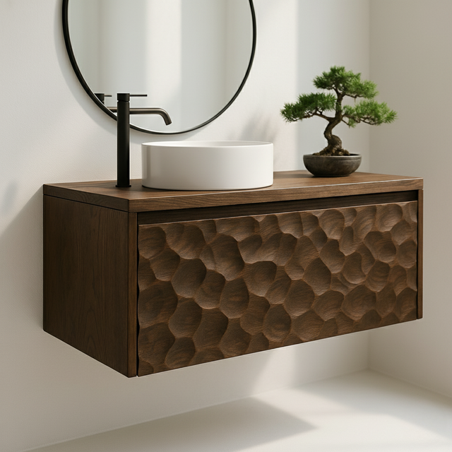 Handcrafted Solid Wood Floating Vanity – Sculptural Hammered Texture Front Design