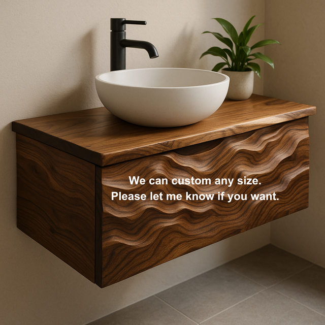 Handcrafted Solid Wood Floating Vanity – Sculptural Ripple Wave Front Design