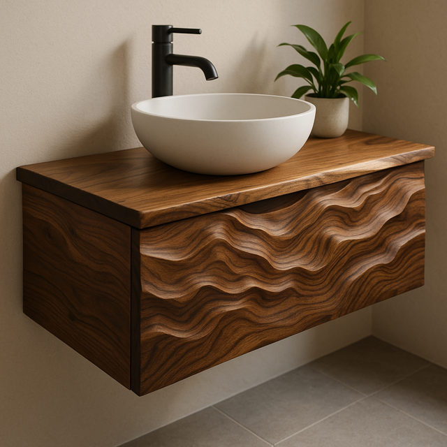 Handcrafted Solid Wood Floating Vanity – Sculptural Ripple Wave Front Design