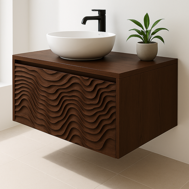 Handcrafted Solid Wood Floating Vanity – Sculptural Layered Wave Front Design
