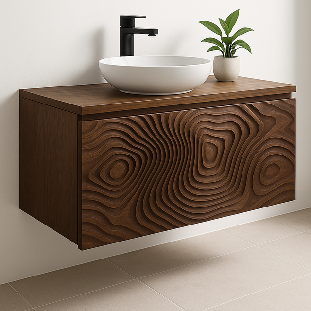 Handcrafted Solid Wood Floating Vanity – Terrain Relief Sculpted Front Design