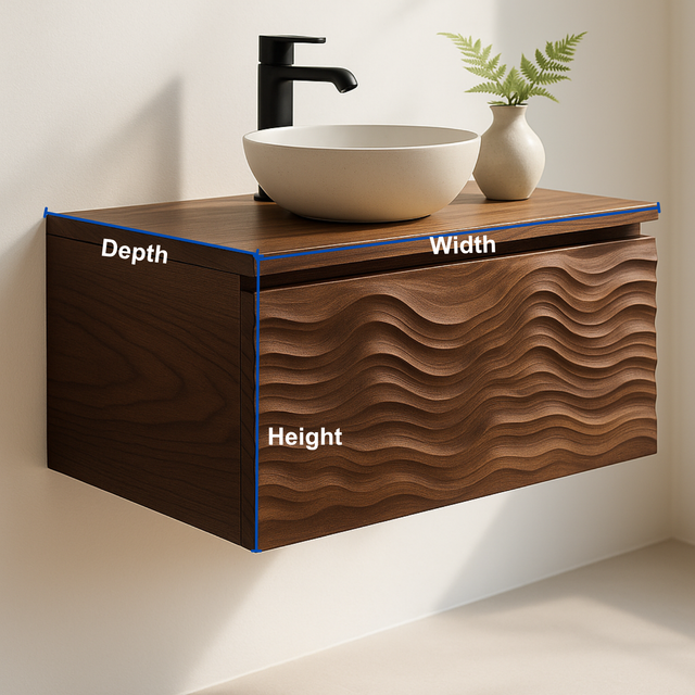 Handcrafted Solid Wood Floating Vanity – Sculptural Wave Relief Front Design