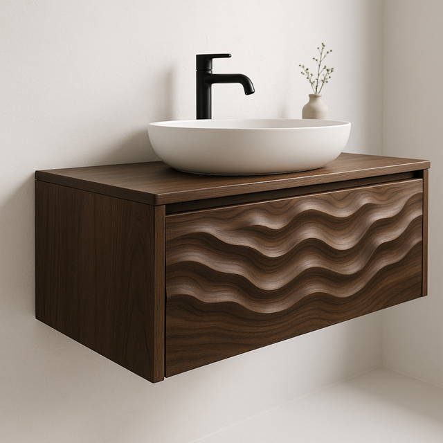 Handcrafted Solid Wood Floating Vanity – Sculptural Soft Wave Front Design