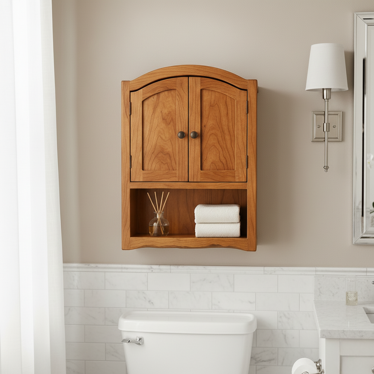 Handcrafted Solid Wood Wall Cabinet with Arched Doors and Open Shelf Storage