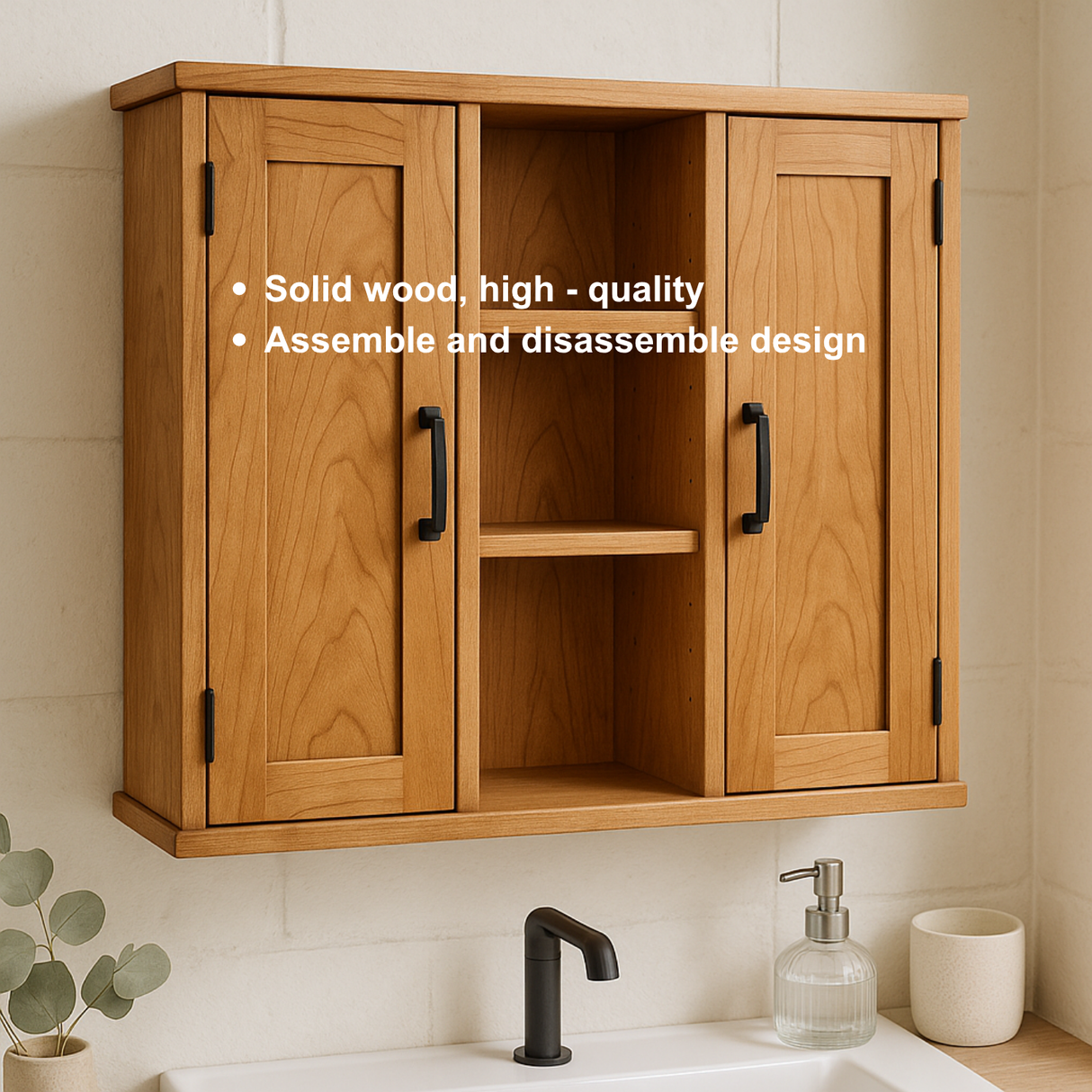 Handcrafted Solid Wood Wall Cabinet with Double Doors and Open Shelves