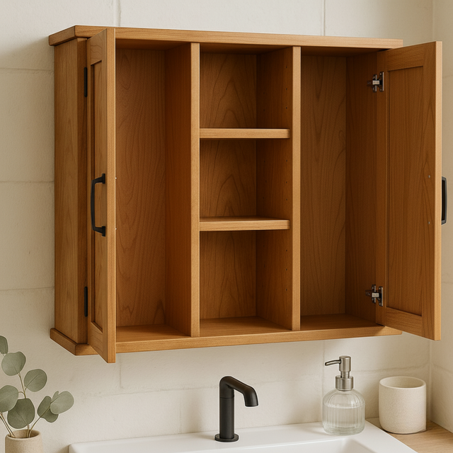 Handcrafted Solid Wood Wall Cabinet with Double Doors and Open Shelves