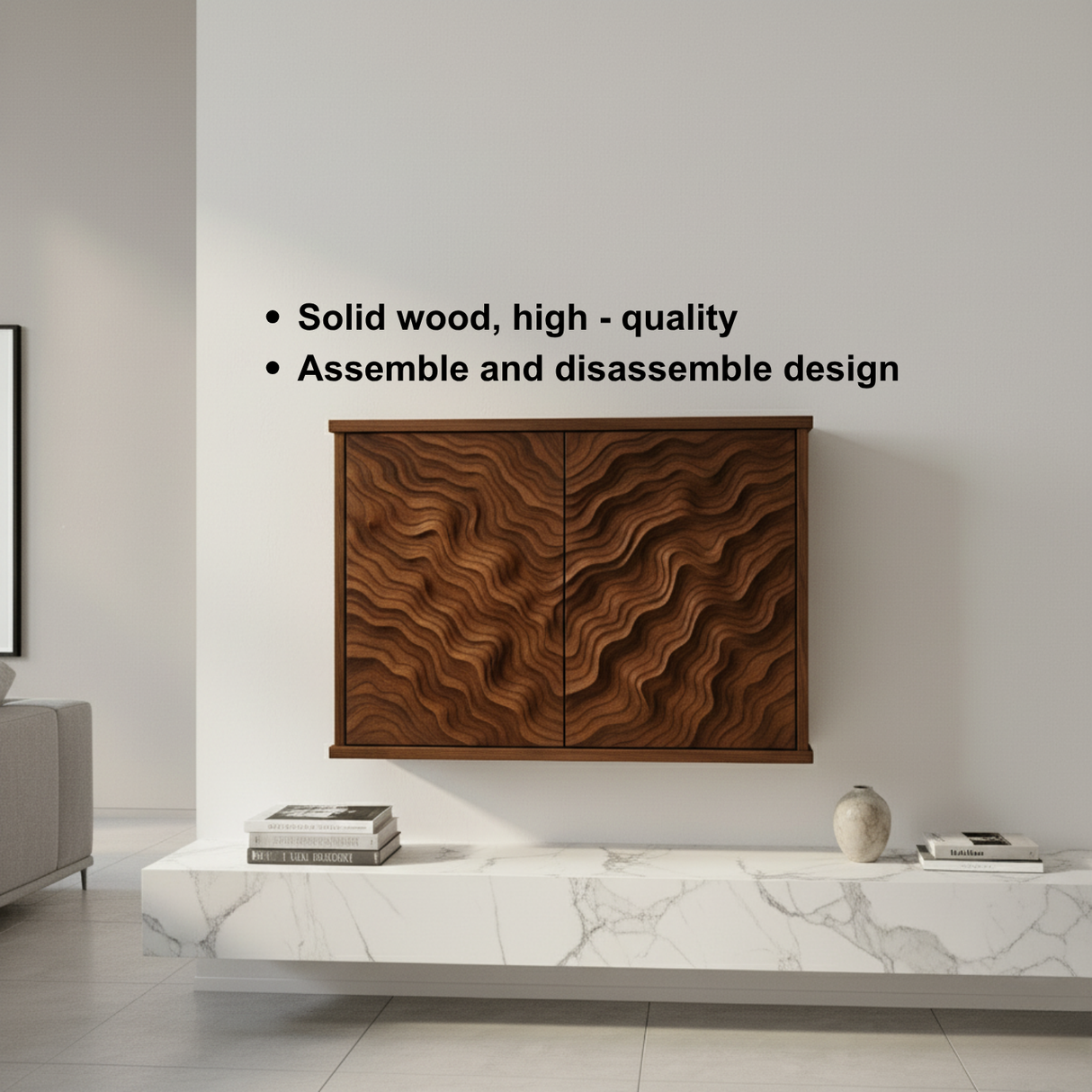 Handcrafted Solid Wood Wave Wall Cabinet with Sculpted Doors for Modern Interiors