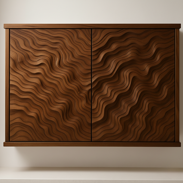 Handcrafted Solid Wood Wave Wall Cabinet with Sculpted Doors for Modern Interiors