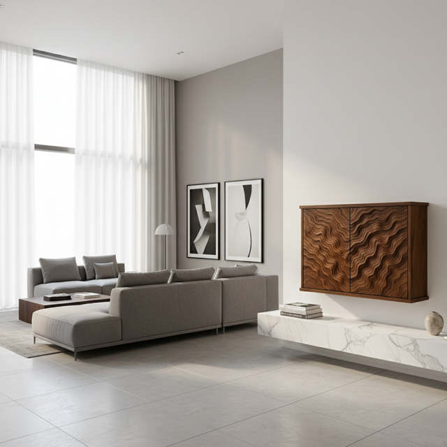 Handcrafted Solid Wood Wave Wall Cabinet with Sculpted Doors for Modern Interiors