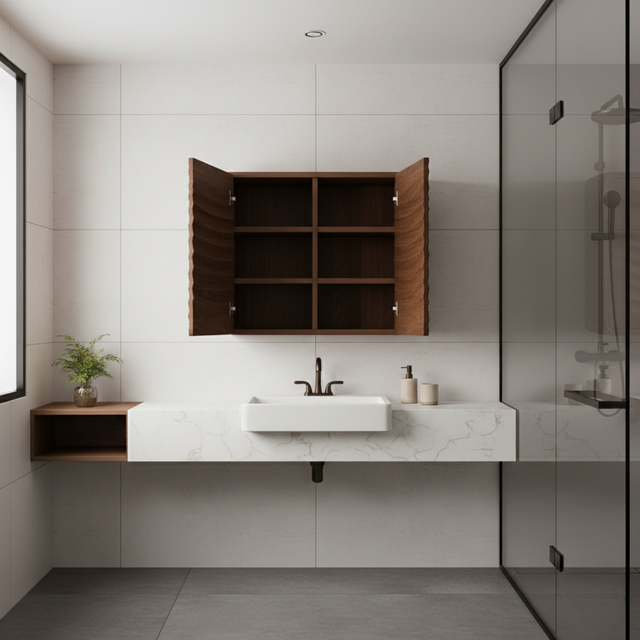 Handcrafted Solid Wood Curved Ripple Wall Cabinet for Modern Bathrooms