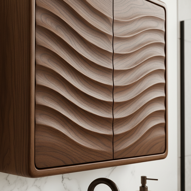 Handcrafted Solid Wood Curved Ripple Wall Cabinet for Modern Bathrooms