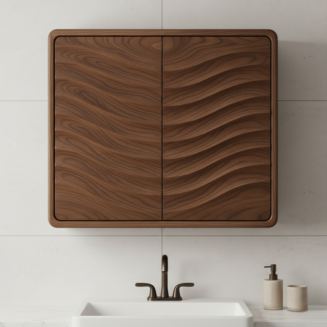 Handcrafted Solid Wood Curved Ripple Wall Cabinet for Modern Bathrooms