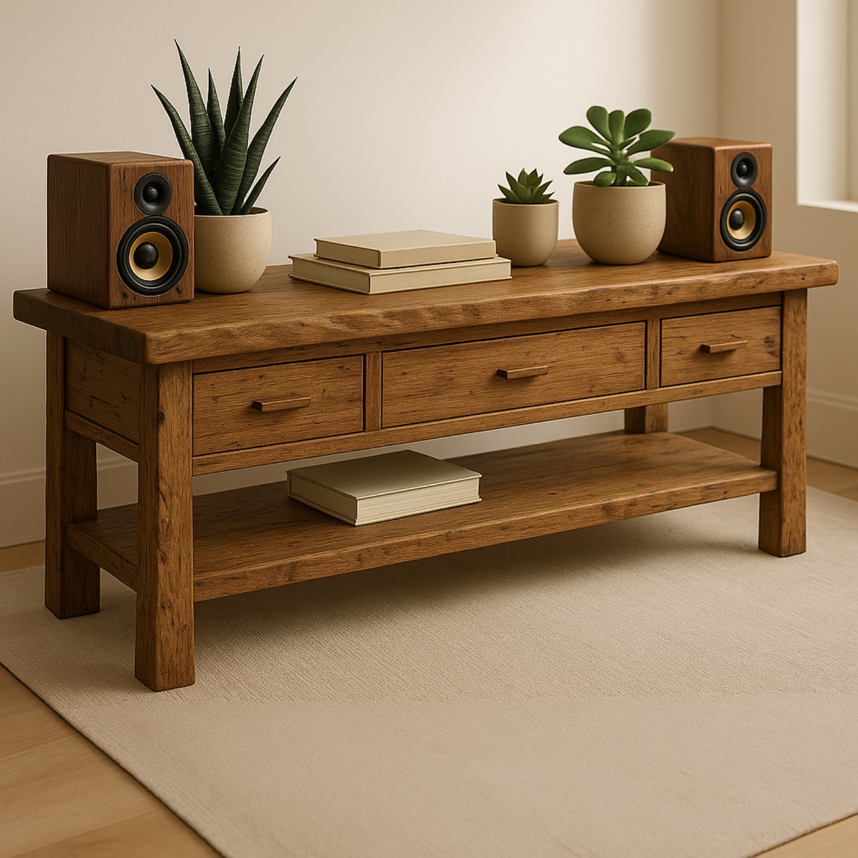 Handcrafted Solid Wood TV Stand with Drawers & Open Shelf – Rustic Console Table for Living Room