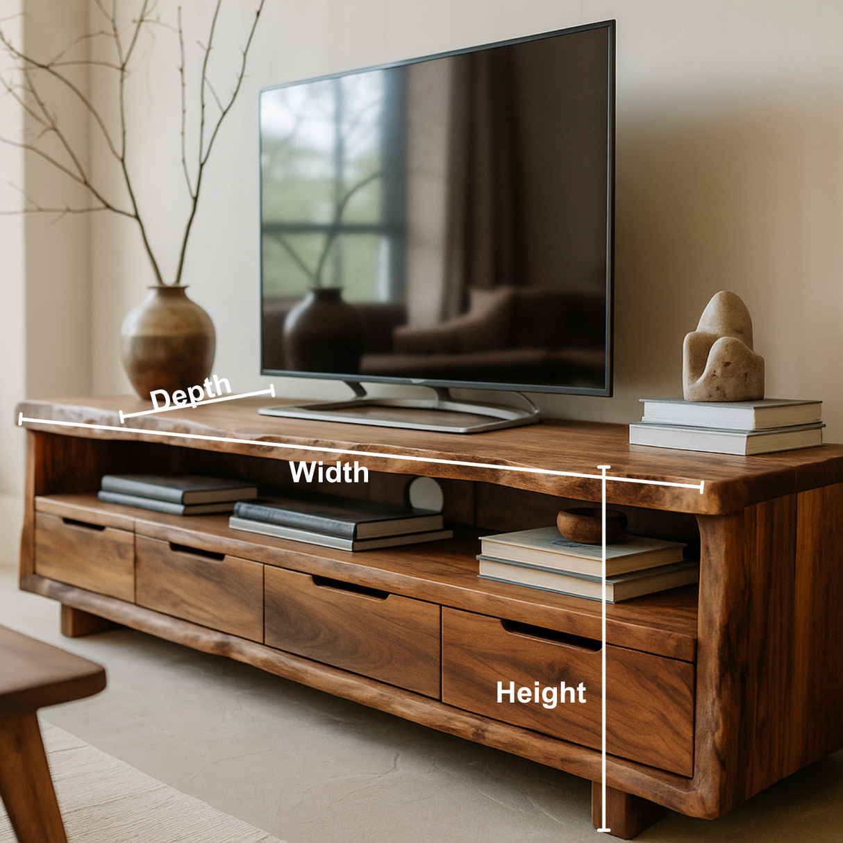Handcrafted Solid Wood TV Stand with Live Edge Design – Rustic Organic Media Console with Drawers & Open Shelf