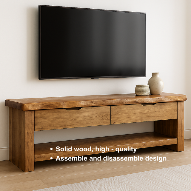 Handcrafted Solid Wood TV Stand with Live Edge Top – Rustic Natural Media Console with Drawers & Open Shelf