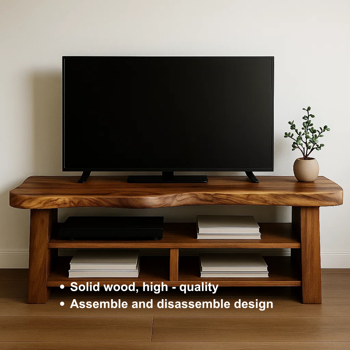 Handcrafted Solid Wood TV Stand with Organic Live Edge – Rustic Modern Open Shelf Media Console