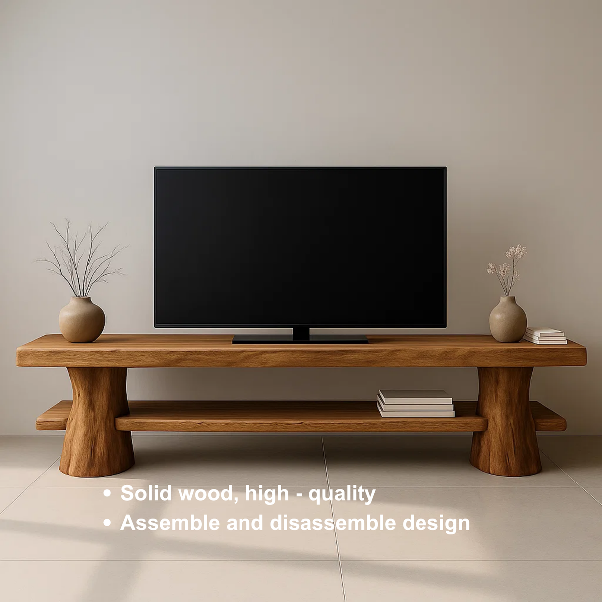 Handcrafted Solid Wood TV Stand with Sculpted Column Legs – Organic Modern Media Console with Open Shelf