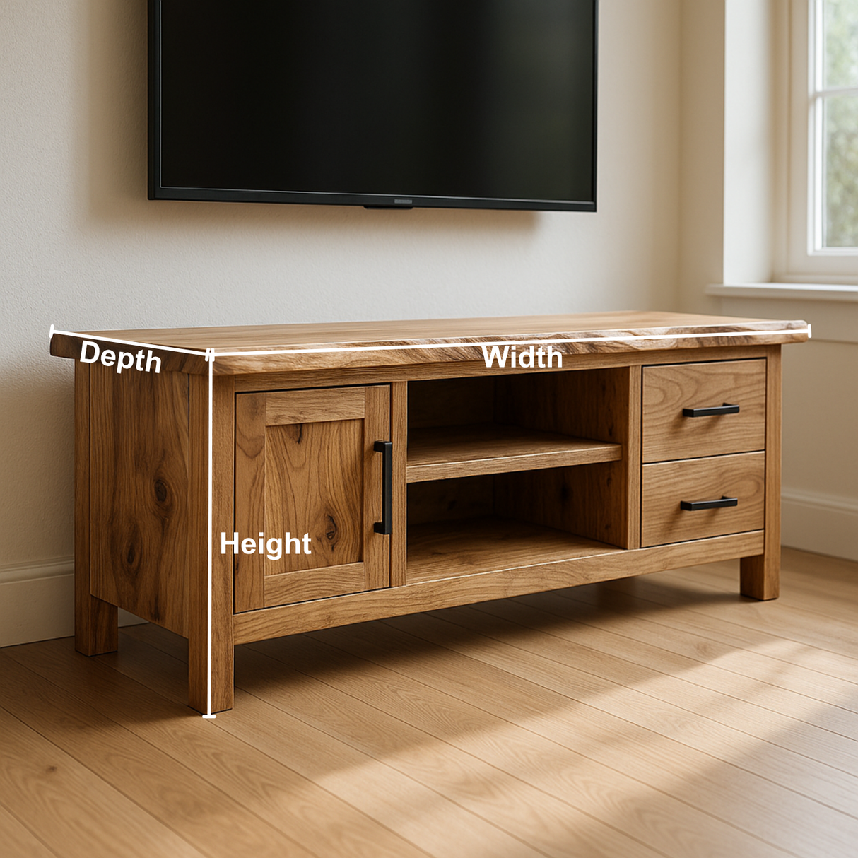 Handcrafted Solid Wood TV Stand with Live Edge Top – Rustic Modern Media Console with Drawers & Cabinet