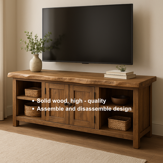 Handcrafted Solid Wood TV Stand with Live Edge Top – Rustic Farmhouse Media Console with Cabinets & Open Shelves