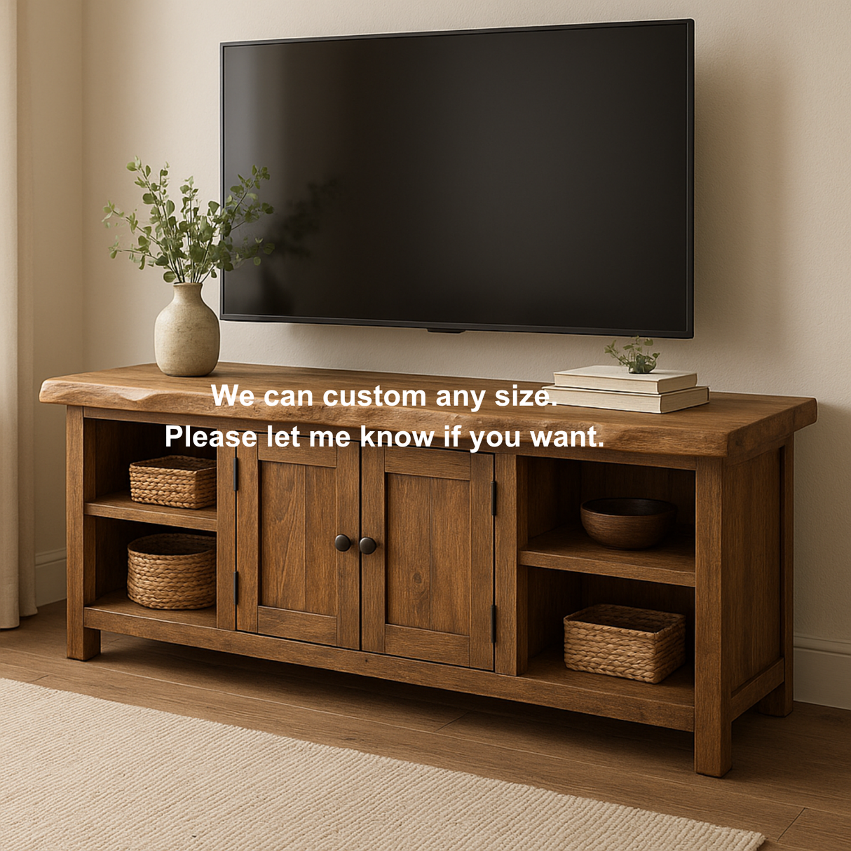 Handcrafted Solid Wood TV Stand with Live Edge Top – Rustic Farmhouse Media Console with Cabinets & Open Shelves