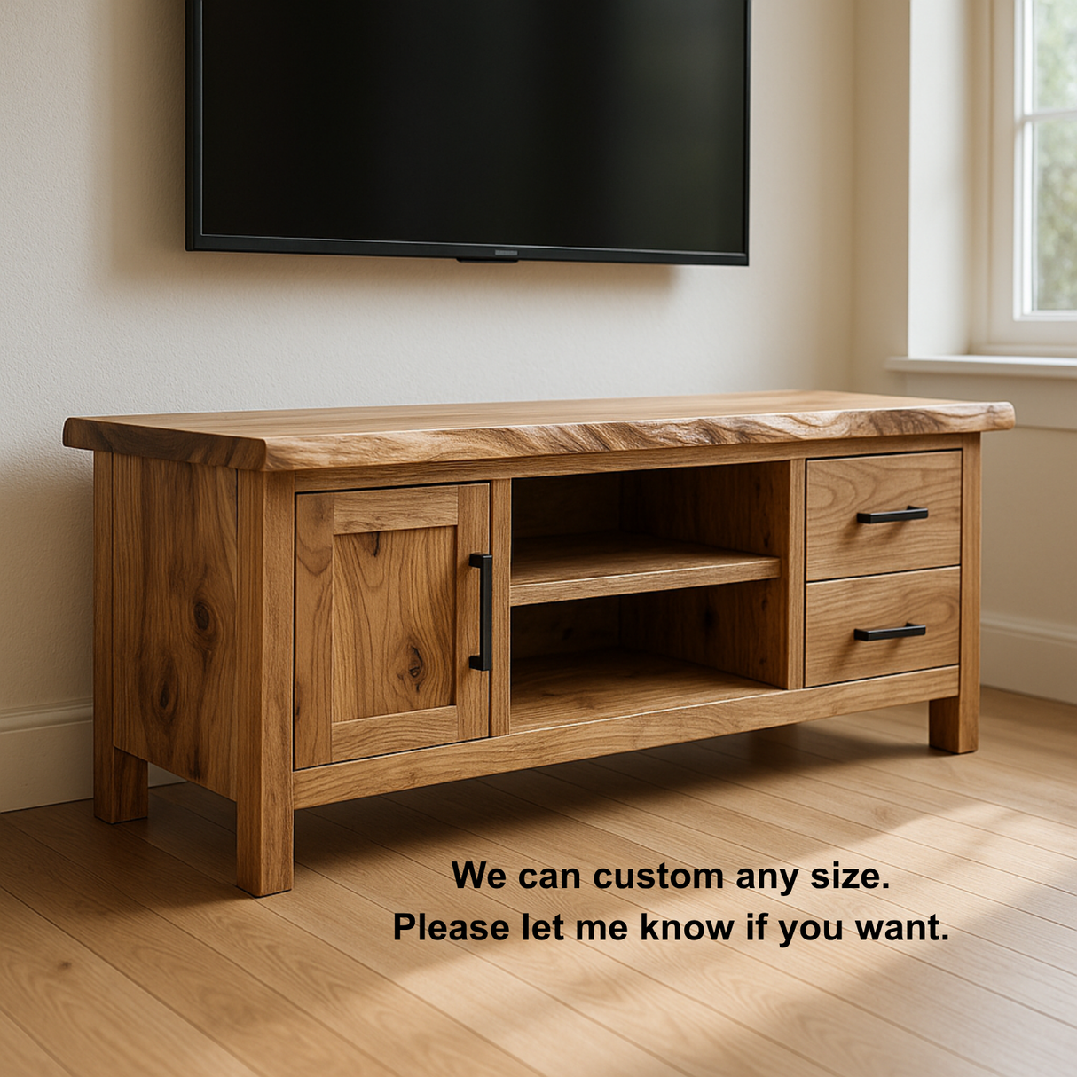 Handcrafted Solid Wood TV Stand with Live Edge Top – Rustic Modern Media Console with Drawers & Cabinet