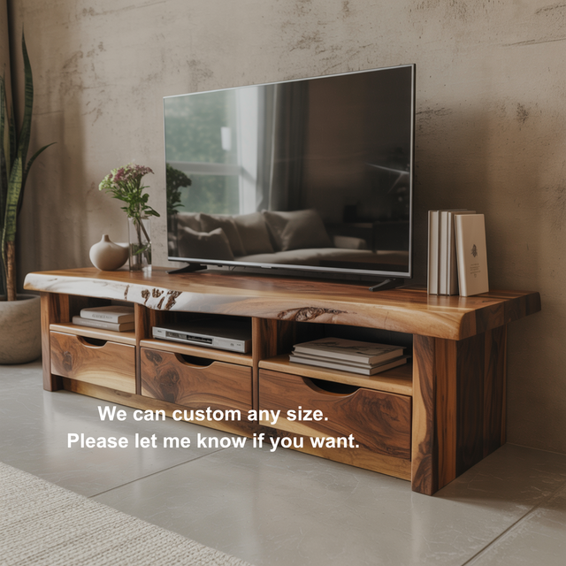 Handcrafted Solid Wood TV Stand with Live Edge Top – Modern Rustic Media Console with Drawers & Open Shelves
