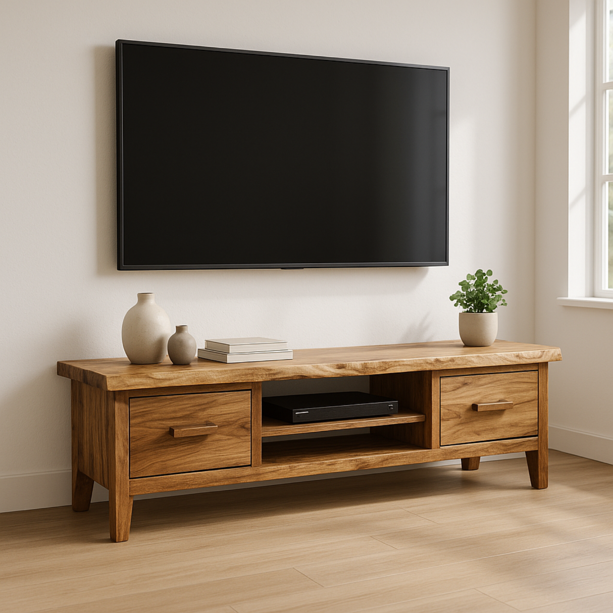 Handcrafted Solid Wood TV Stand with Live Edge Top – Modern Rustic Media Console with Drawers & Open Shelf