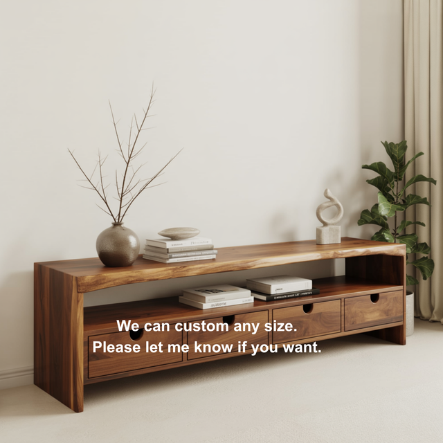 Handcrafted Solid Wood TV Stand with Live Edge Top – Minimal Organic Wood Media Console with Drawers & Open Shelf
