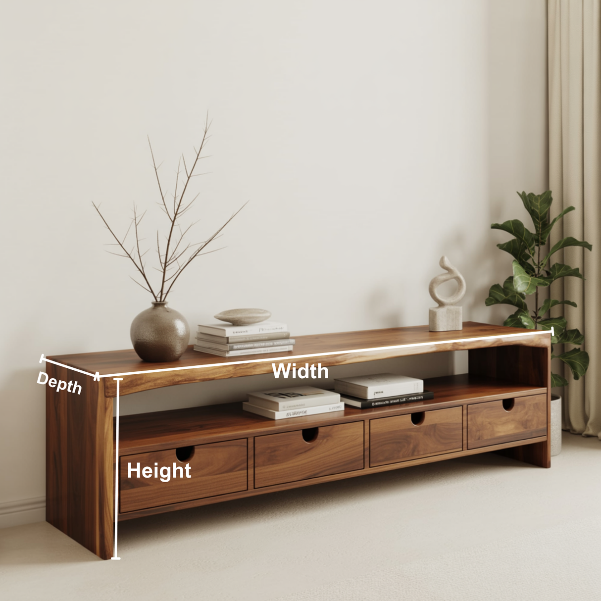 Handcrafted Solid Wood TV Stand with Live Edge Top – Minimal Organic Wood Media Console with Drawers & Open Shelf