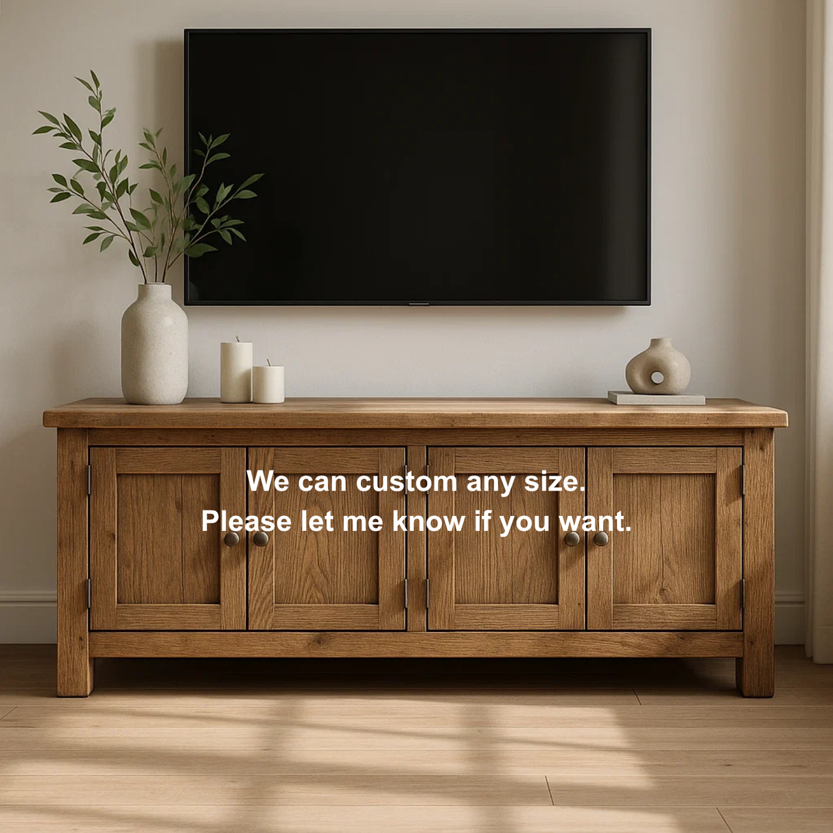 Handcrafted Solid Wood TV Stand – Rustic Farmhouse Media Console with Four Cabinet Doors for Living Room Storage